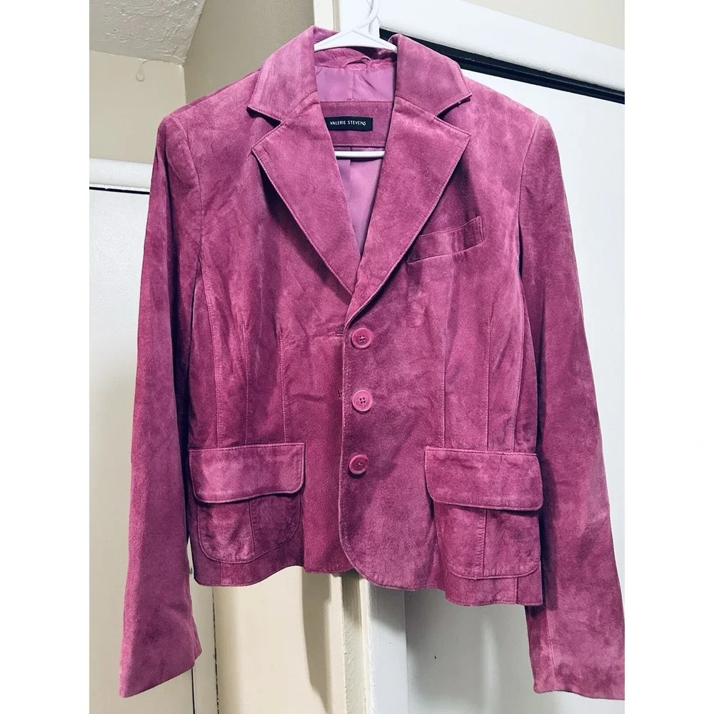 Y2K Valerie Stevens 100% Genuine Suede Leather Cropped Hot Pink Jacket Sz M